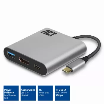 ACT προσαρμογέας USB-C Multiport για 1 οθόνη HDMI, 1x USB-A, PD passthrough