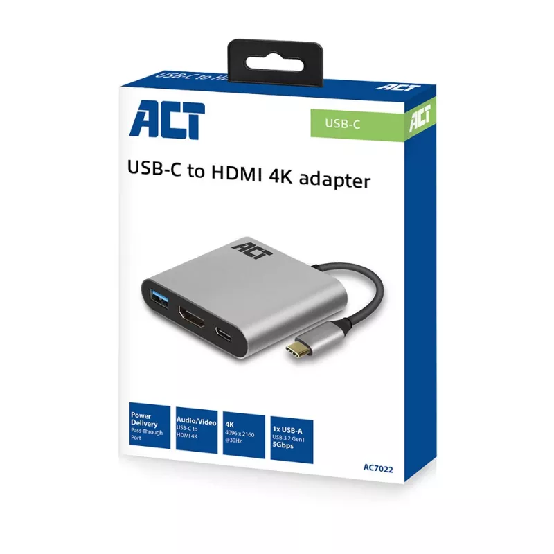 ACT προσαρμογέας USB-C Multiport για 1 οθόνη HDMI, 1x USB-A, PD passthrough