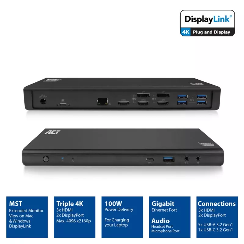 ACT USB-C Docking Station 4K, για 2 ή 3 οθόνες HDMI/DisplayPort, DisplayLink