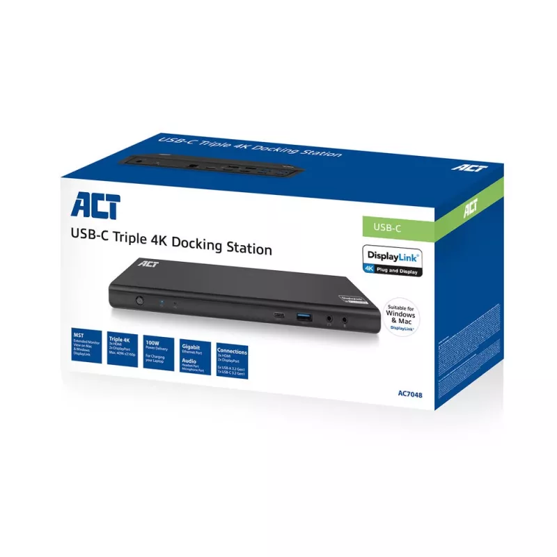 ACT USB-C Docking Station 4K, για 2 ή 3 οθόνες HDMI/DisplayPort, DisplayLink