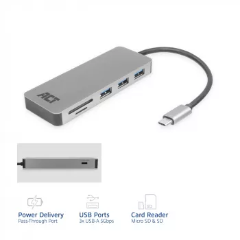 ACT USB-C Hub 3.0, 3x USB-A, αναγνώστης καρτών, PD passthrough