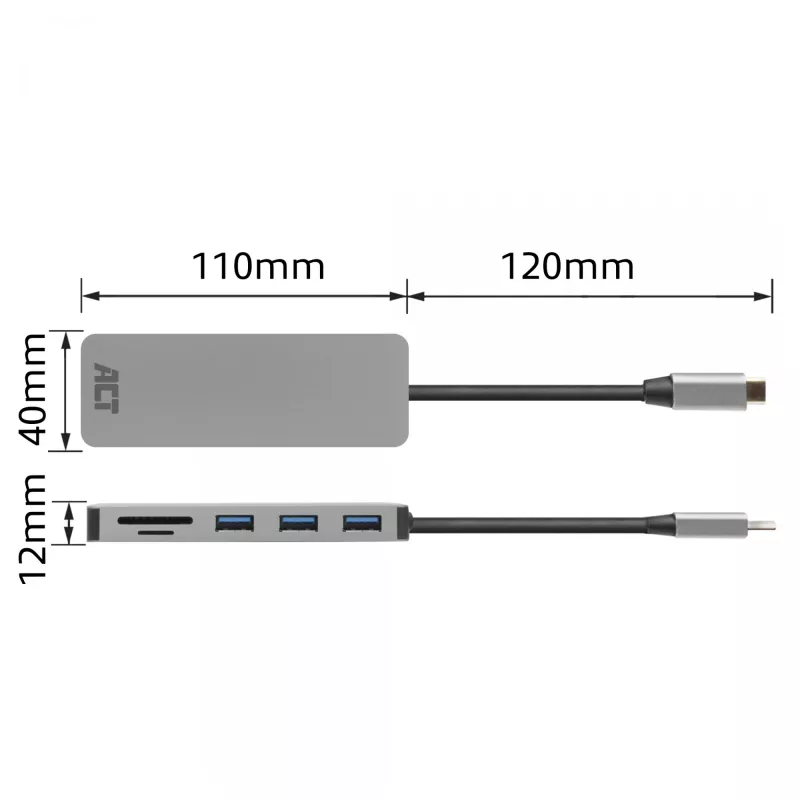 ACT USB-C Hub 3.0, 3x USB-A, αναγνώστης καρτών, PD passthrough