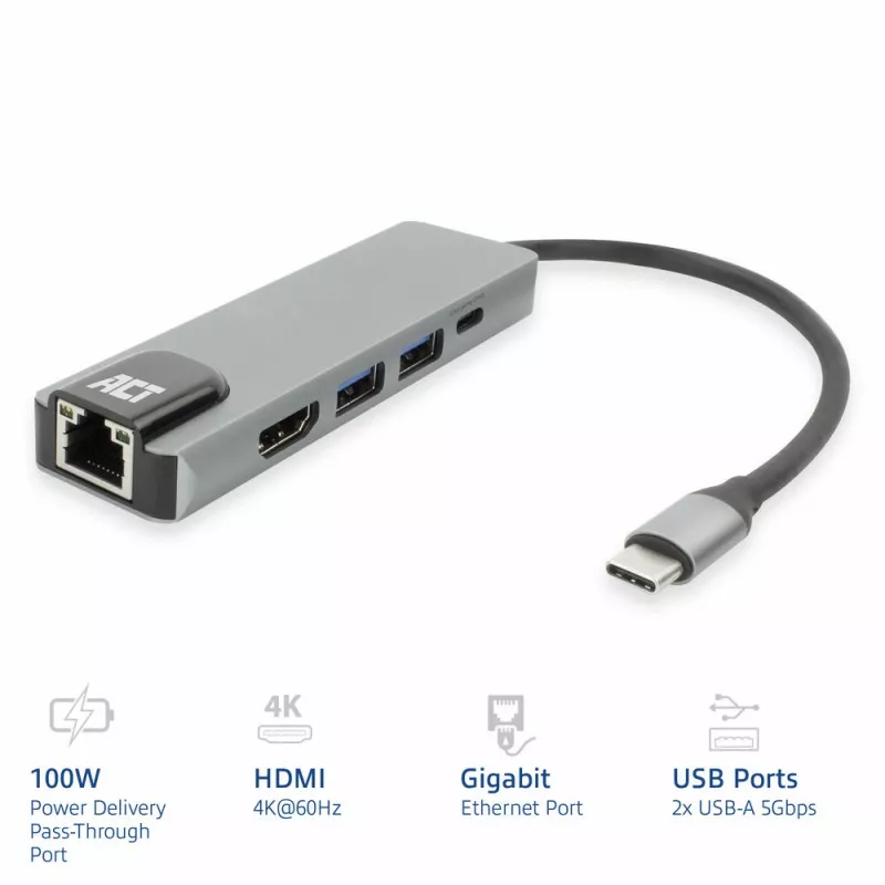 ACT USB-C 4K Docking Station για 1 οθόνη HDMI, Ethernet, USB-A, PD passthrough