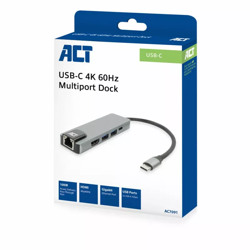 ACT USB-C 4K Docking Station για 1 οθόνη HDMI, Ethernet, USB-A, PD passthrough