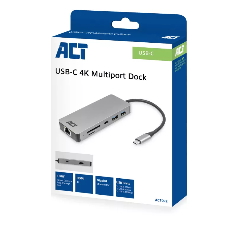 ACT USB-C 4K Docking Station για 1 οθόνη HDMI, Ethernet, USB-C, USB-A, αναγνώστης καρτών και PD passthrough