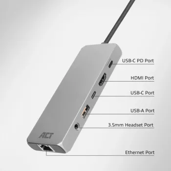 ACT USB-C 4K / 8K 30Hz Docking Station για 1 οθόνη HDMI, 2,5 Gigabit Ethernet, USB-C 10Gbps, USB-A 10Gbps, 3,5mm ήχος, PD passthrough