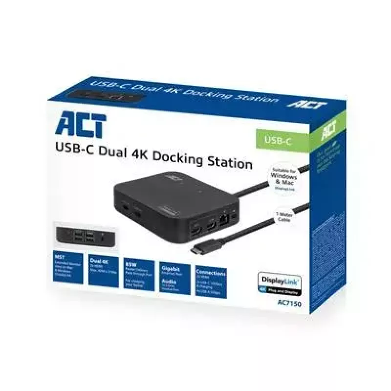ACT Universal USB-C Docking Station 4K, για 2 οθόνες HDMI/DisplayPort, DisplayLink, συμπαγής σχεδιασμός