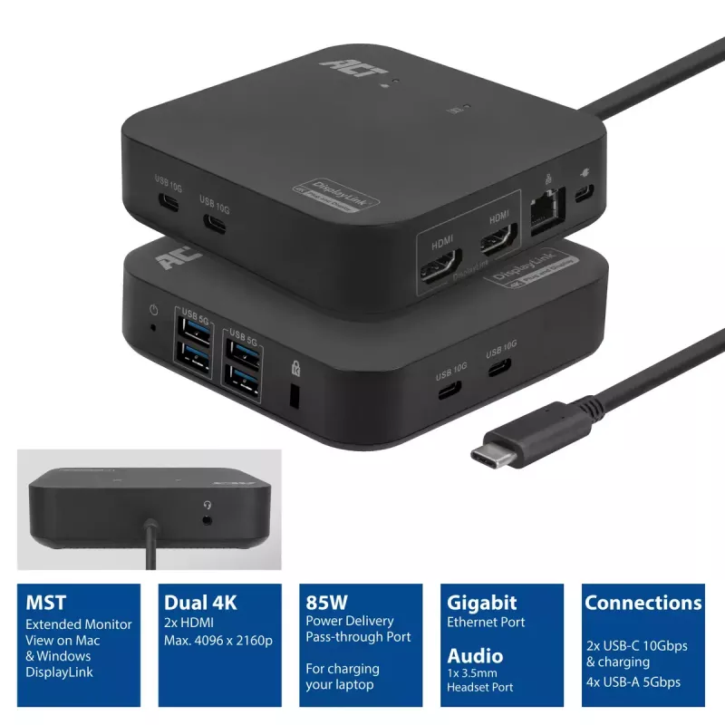 ACT Universal USB-C Docking Station 4K, για 2 οθόνες HDMI/DisplayPort, DisplayLink, συμπαγής σχεδιασμός