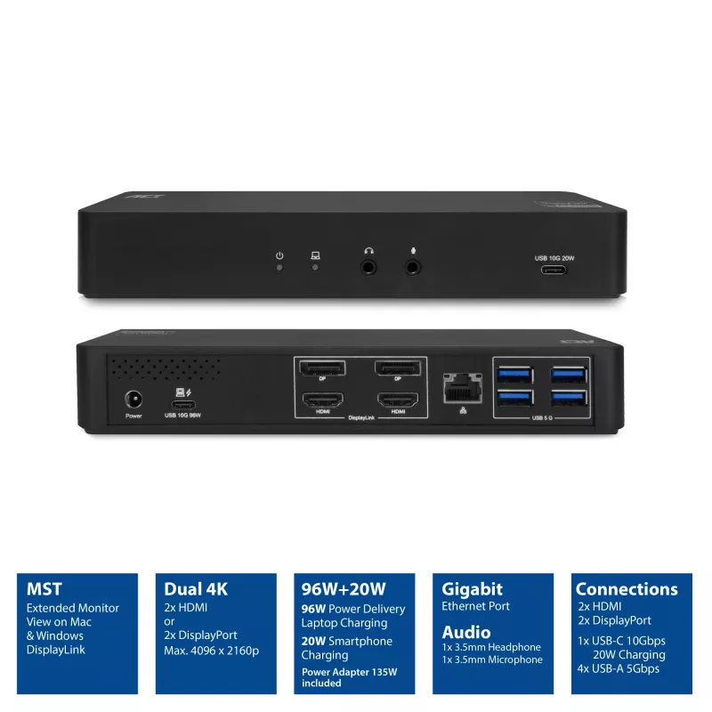 ACT USB-C Docking Station 4K, για 2 οθόνες HDMI ή DisplayPort, DisplayLink