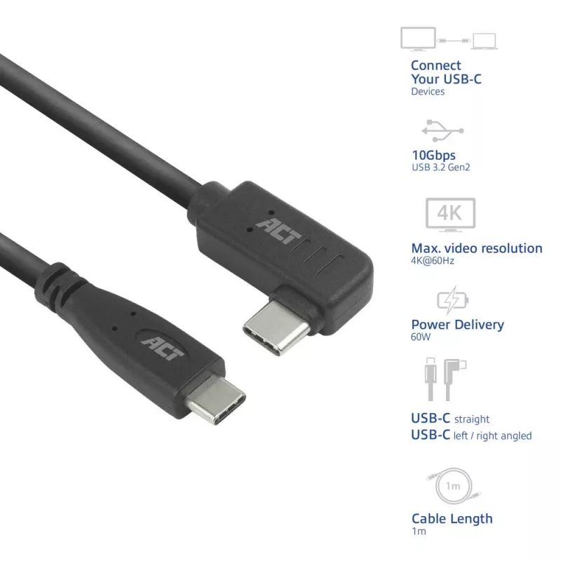 Γωνιακό καλώδιο ACT USB 3.0 USB-C 1 μέτρο 5 Gbit/s μαύρο