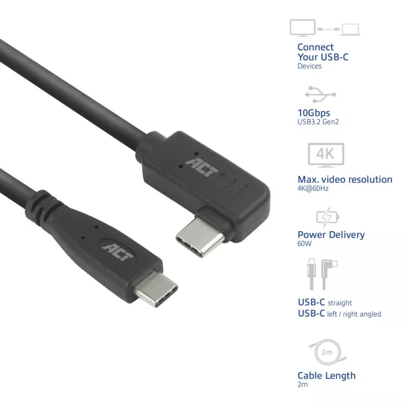 Γωνιακό καλώδιο ACT USB 3.0 USB-C 2 μέτρα 5 Gbit/s μαύρο