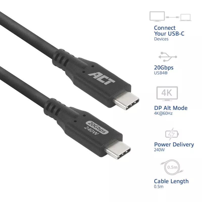 Καλώδιο ACT USB4 20Gbps 240W USB Type-C 0,5m μαύρο