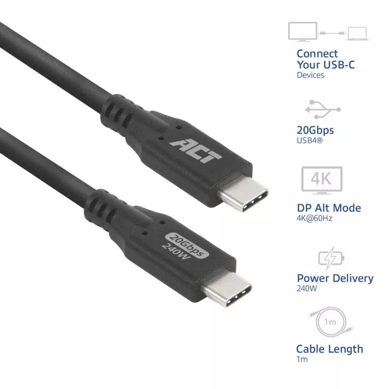Καλώδιο ACT USB4 20Gbps 240W USB Type-C 1 μέτρο μαύρο