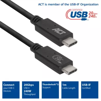 Καλώδιο ACT USB4® 20Gbps, USB-C, USB-IF πιστοποιημένο, 1 μέτρο