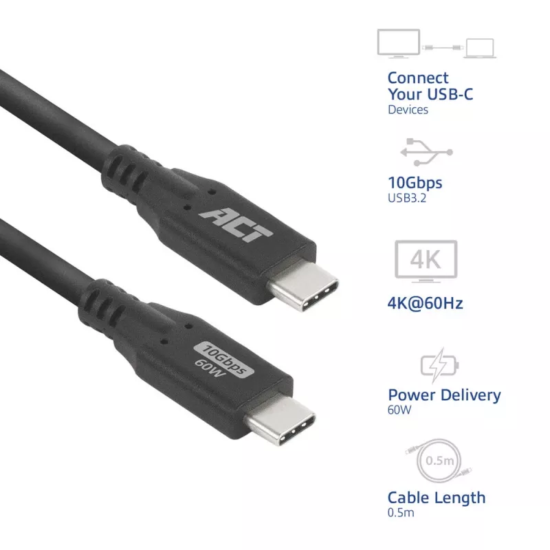 Καλώδιο ACT USB 3.0 10Gbps 60W USB Type-C 0,5 m μαύρο