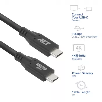 Καλώδιο USB Type-C ACT AC7442 2m 10Gbps 60W μαύρο