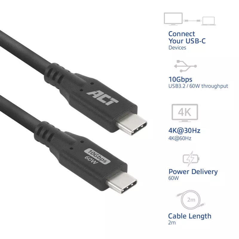 Καλώδιο USB Type-C ACT AC7442 2m 10Gbps 60W μαύρο