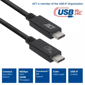 Καλώδιο ACT USB4® 40Gbps 240W USB Type-C®, USB-IF πιστοποιημένο, 0,8 μέτρα