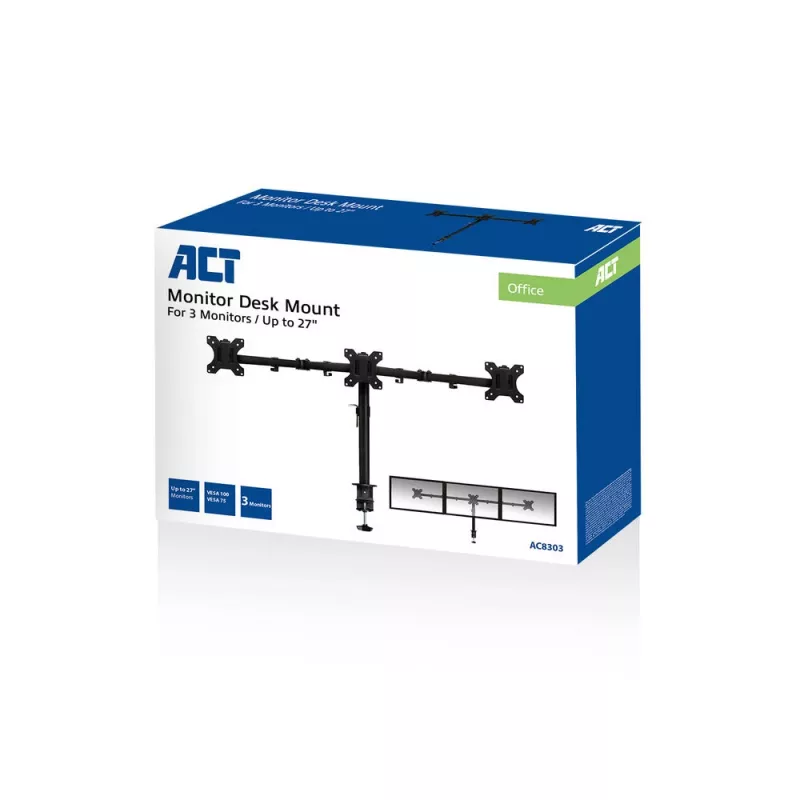 ACT AC8303 Βάση γραφείου για τρεις οθόνες, έως 27 ίντσες, σφιγκτήρας / διαπερατή στερέωση, μαύρη