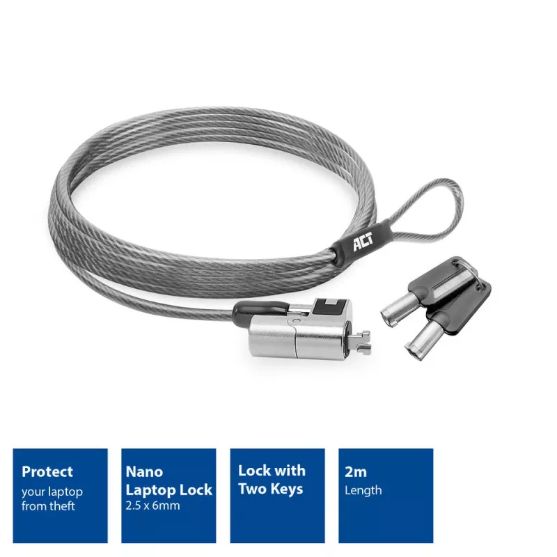 Κλειδαριά laptop ACT AC9030 μεταλλικό με στρογγυλό κλειδί καλώδιο 2 m