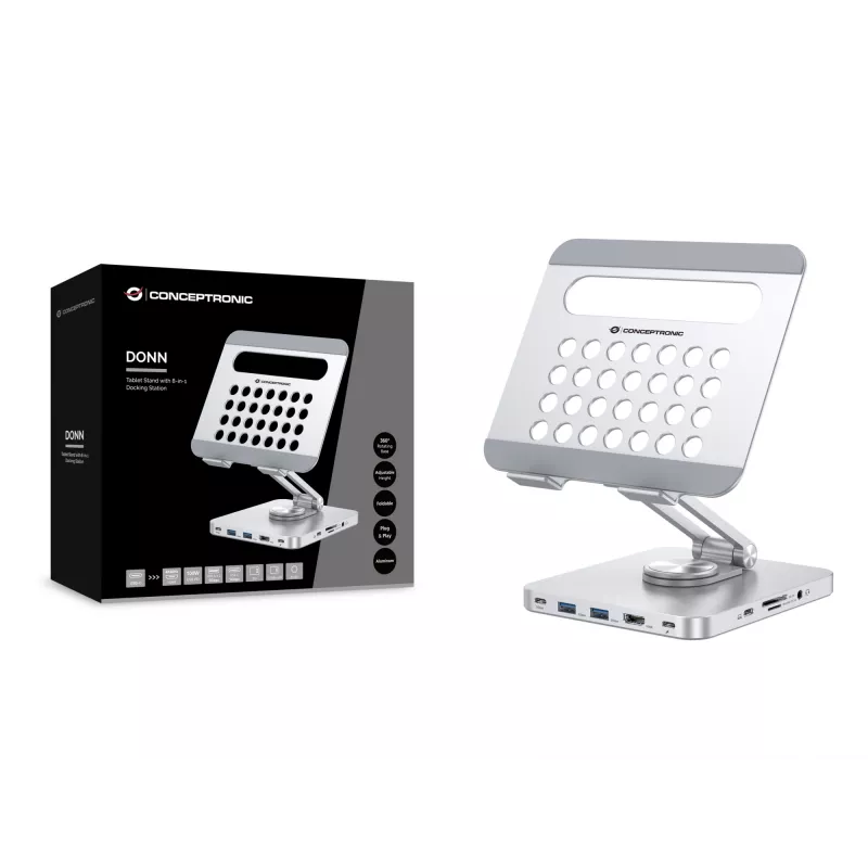 Conceptronic DONN26G, Ασημί, Tablet, Βάση πολυμέσων, Αλουμίνιο, 100 W, MicroSD (TransFlash), SD, SDHC, SDXC