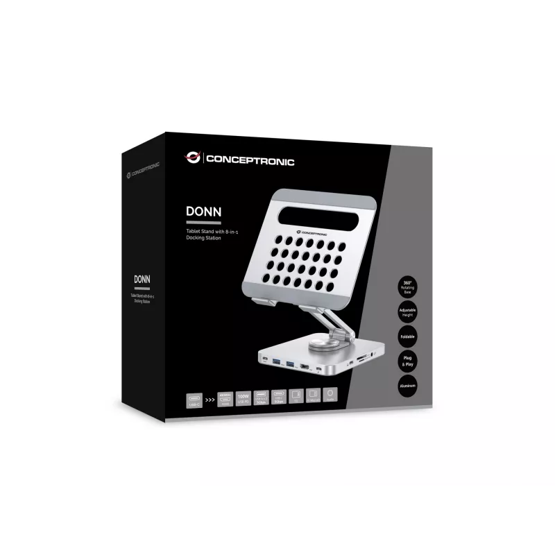 Conceptronic DONN26G, Ασημί, Tablet, Βάση πολυμέσων, Αλουμίνιο, 100 W, MicroSD (TransFlash), SD, SDHC, SDXC