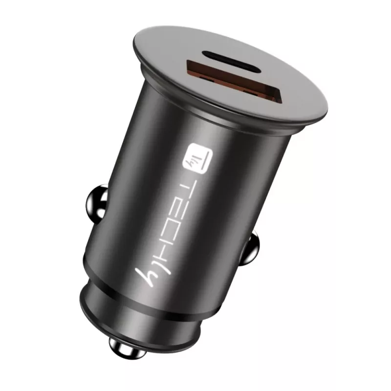 Techly μίνι φορτιστής αυτοκινήτου USB-A και USB-C Quick Charge 3.0 38W σε μαύρο μέταλλο