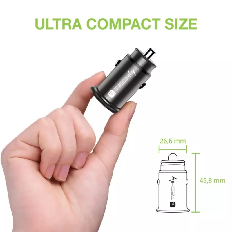 Techly μίνι φορτιστής αυτοκινήτου USB-A και USB-C Quick Charge 3.0 38W σε μαύρο μέταλλο
