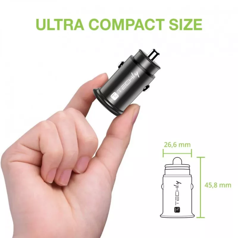 Techly μίνι φορτιστής αυτοκινήτου USB-A και USB-C Quick Charge 3.0 38W σε μαύρο μέταλλο