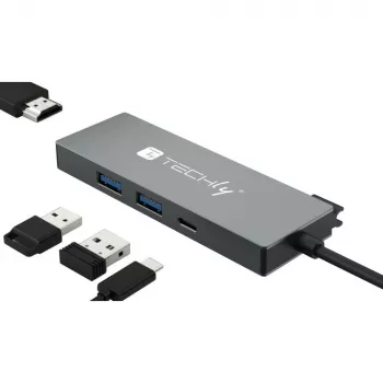 Techly IUSB32C-HUB4HPD σταθμός σύνδεσης φορητού υπολογιστή/πολλαπλασιαστής θυρών ενσύρματος USB 3.2 Gen 2 (3.1 Gen 2) Type-C γκρι