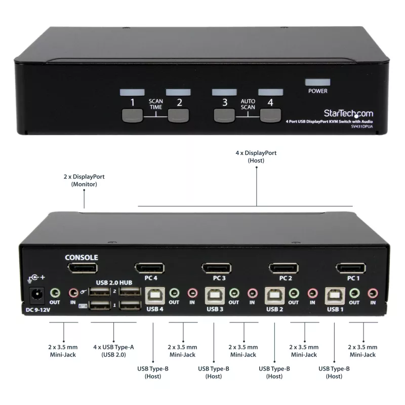 StarTech.com διακόπτης KVM USB DisplayPort 4 θυρών με ήχο, 3840 x 2400 pixel, μαύρο