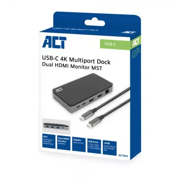 ACT USB-C 4K MST Docking Station για 2 οθόνες HDMI, Ethernet, USB-C, 3x USB-A, PD-Passthrough και 1 μέτρο αποσπώμενο καλώδιο σύνδεσης
