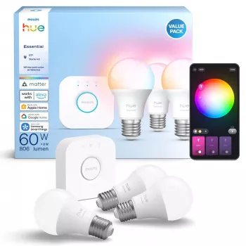 Smart-Lighting-Kit Philips Hue White and Colour Ambience Essential – 3× έξυπνες λάμπες E27, 806 lm, 8 W, Bluetooth/Zigbee