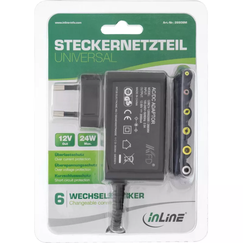 InLine τροφοδοτικό universal, 12 V / 24 W με 6 εναλλασσόμενα βύσματα