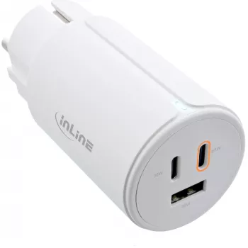 InLine τροφοδοτικό USB PD, φορτιστής GaN, 3 θυρών, Dual-USB-C + USB-A, 65W, λευκό