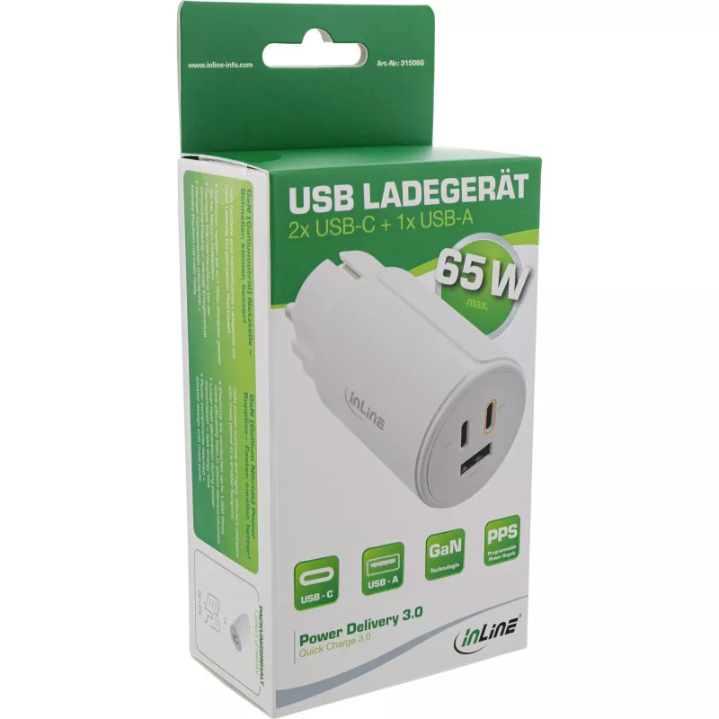 InLine τροφοδοτικό USB PD, φορτιστής GaN, 3 θυρών, Dual-USB-C + USB-A, 65W, λευκό
