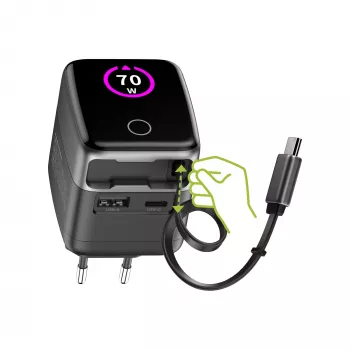InLine τροφοδοτικό USB, 70 W, GaN, USB-C PD + USB-A QC, καλώδιο 60 cm, μαύρο