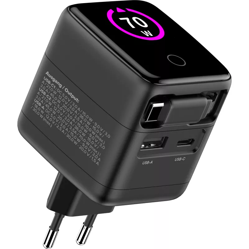 InLine τροφοδοτικό USB, 70 W, GaN, USB-C PD + USB-A QC, καλώδιο 60 cm, μαύρο