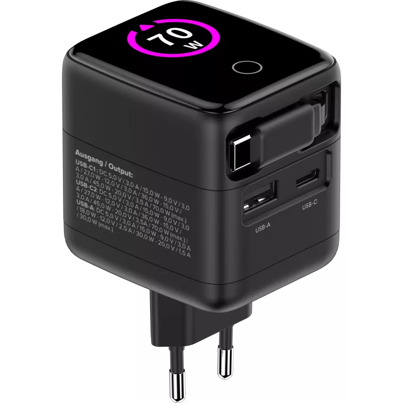 InLine τροφοδοτικό USB, 70 W, GaN, USB-C PD + USB-A QC, καλώδιο 60 cm, μαύρο