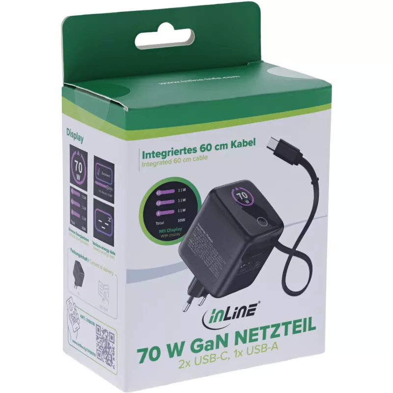 InLine τροφοδοτικό USB, 70 W, GaN, USB-C PD + USB-A QC, καλώδιο 60 cm, μαύρο