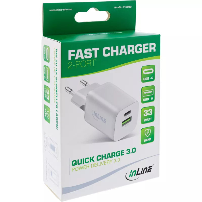 InLine τροφοδοτικό USB, φορτιστής USB-A + USB-C, 33W, PD + QC, λευκό