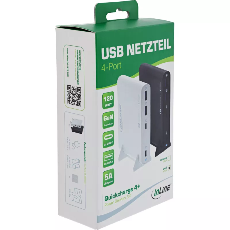 InLine τροφοδοτικό USB GaN, 4 θυρών, 2x USB-C + 2x USB-A, 120 W, Μαύρο (31515B)