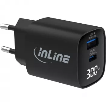 InLine τροφοδοτικό USB PD, φορτιστής GaN, 2 θυρών, USB-C + USB-A, 30W, με οθόνη