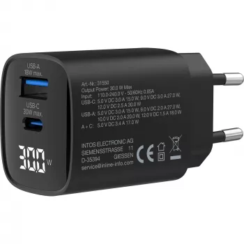 InLine τροφοδοτικό USB PD, φορτιστής GaN, 2 θυρών, USB-C + USB-A, 30W, με οθόνη