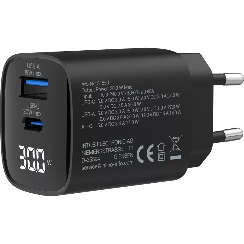 InLine τροφοδοτικό USB PD, φορτιστής GaN, 2 θυρών, USB-C + USB-A, 30W, με οθόνη