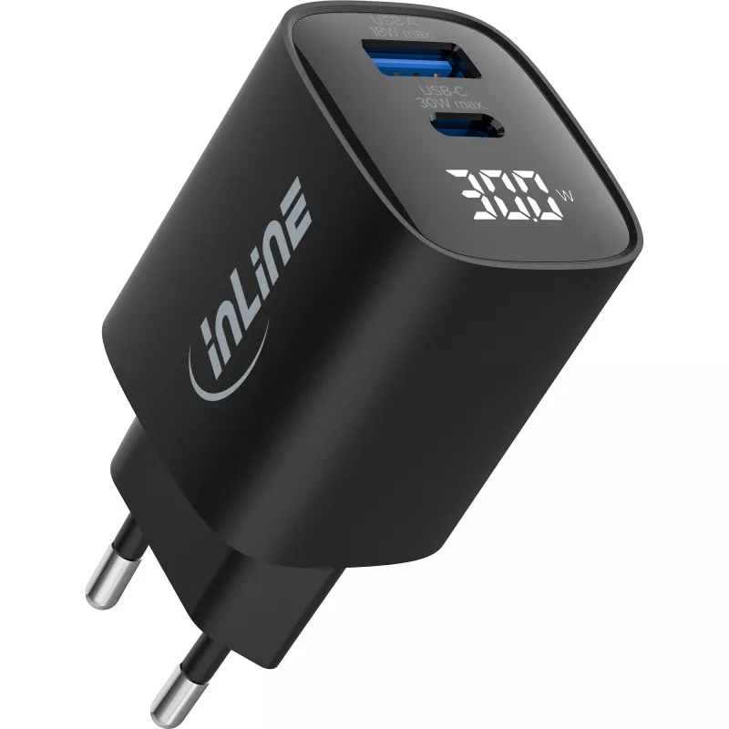 InLine τροφοδοτικό USB PD, φορτιστής GaN, 2 θυρών, USB-C + USB-A, 30W, με οθόνη