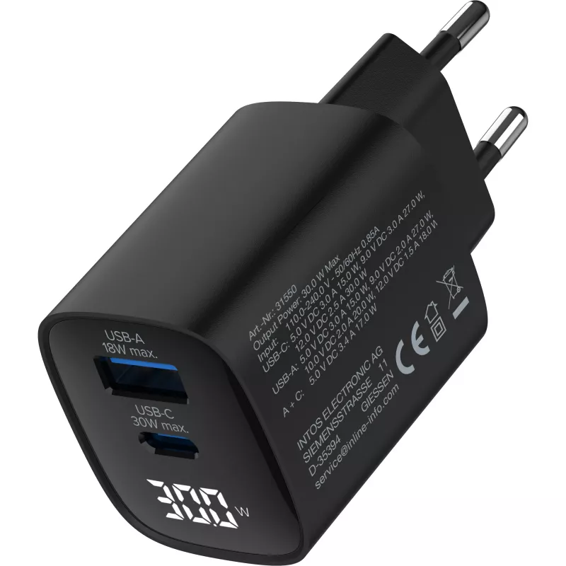 InLine τροφοδοτικό USB PD, φορτιστής GaN, 2 θυρών, USB-C + USB-A, 30W, με οθόνη