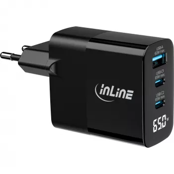 InLine USB PD τροφοδοτικό, φορτιστής GaN, 3 θέσεων, USB-C + USB-A, 65 W, με οθόνη