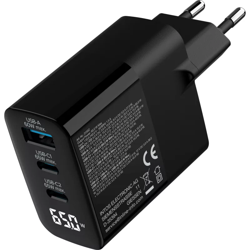 InLine USB PD τροφοδοτικό, φορτιστής GaN, 3 θέσεων, USB-C + USB-A, 65 W, με οθόνη