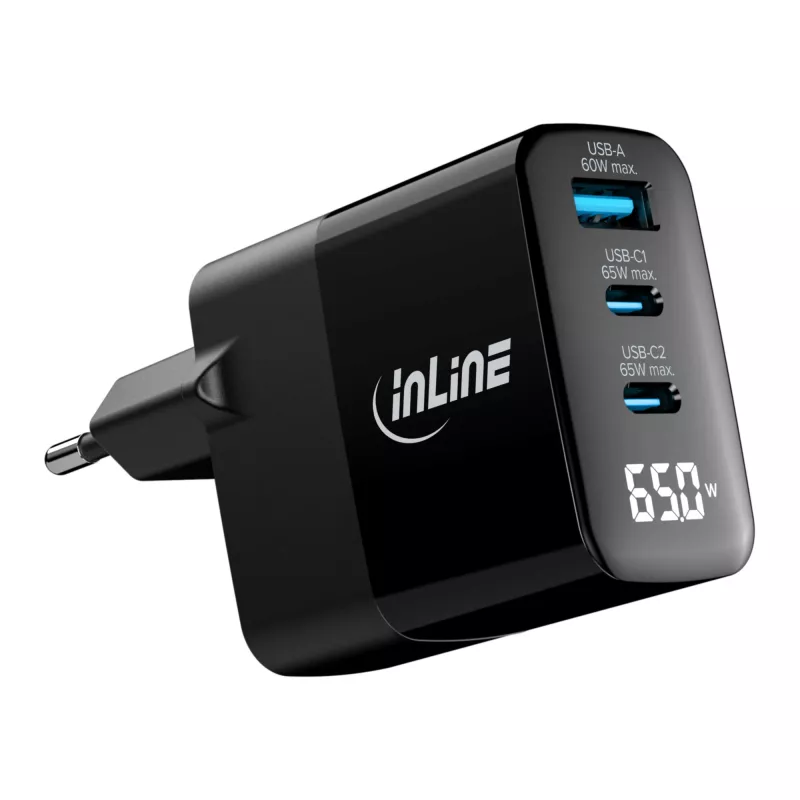 InLine USB PD τροφοδοτικό, φορτιστής GaN, 3 θέσεων, USB-C + USB-A, 65 W, με οθόνη
